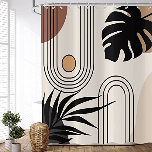 Duschvorhang Boho 180x200 cm, ASDCXZ Modern Abstrakt Kunst Boho Style Schwarz Blätter Sonne Linie Beige Braun Waschbar Duschvorhänge Textil Wasserdicht Duschvorhang für Badewanne mit 12 Haken