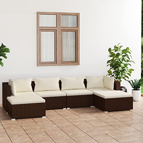 Homgoday Gartenmöbel Set 6-TLG. Gartenlounge Sitzgruppe mit Kissen Gartensofa Balkonmöbel Terrassenmöbel Ecksofa Mittelsofa Gartenset für Garten Balkon Terrasse Poly Rattan Braun und Creme