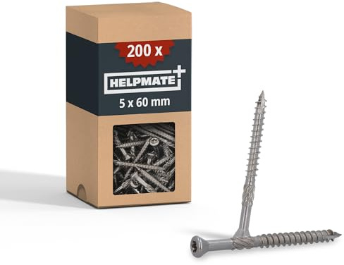 HELPMATE – terrassskruvar 5 x 60 rostfritt stål A2 rostfria – 200 stycken golvskruvar + 1 T25-bit – terrassbrädor skruvar för utomhusbruk (terrassbyggnad, trädgårdshus, byggträkonstruktioner etc.)