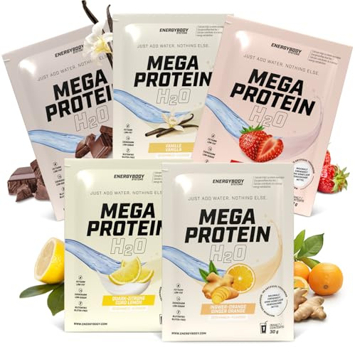 Energybody® Mega Protein H2O Protein Pulver Probierpaket - 5x30g - Für Wasser optimiertes Eiweiss Protein Pulver als Whey Casein Mix/Proteinpulver Probierpackung/Eiweißpulver Probierset
