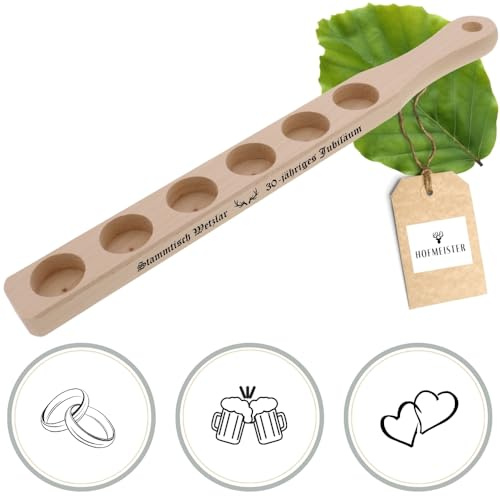 HOFMEISTER® Schnapslatte Holz mit Gravur – Servierleiste für 6 Gläser, personalisiert mit Name und Spruch, Buche, 50,5 cm, Handarbeit (1 Stück)