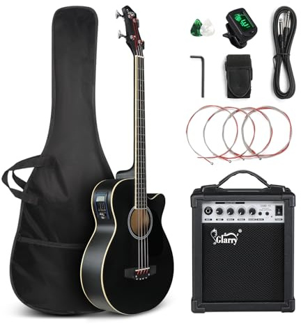 GLARRY Full Size Acoustic Electric Bass Guitar Beginner Kit w/ 15W Amp, Cutaway 4 Strings Electric Acoustic Bass Guitar w/Inbuilt Tuner, Bag, Strap, Picks, Strings, Bass Guitarra，Matte Black