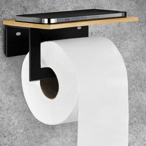 Toilettenpapierhalter Ohne Bohren Mit Bambus Ablage Klopapierhalter Schwarz | Klorollenhalter Kleben, WC Papier Halterung Mit Bohren