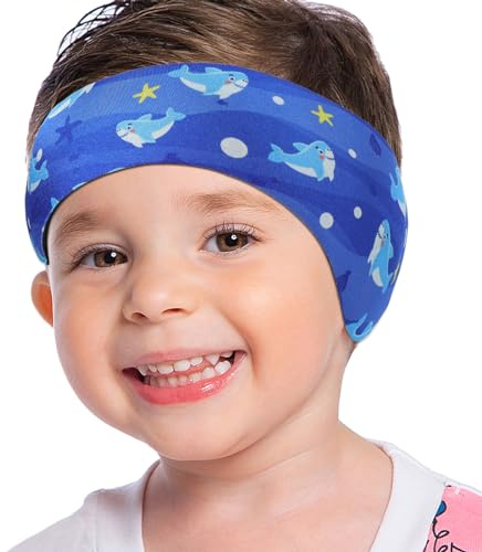 MoKo Diadema de Natación Impermeable, Banda Cabeza Ajustable Antideslizante Protección Orejas Cabello Fijación de Tapones Patrón Animal para Piscina Playa Niños 3 a 9 Años, M - Tiburón Azul Oscuro
