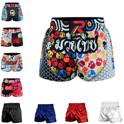 ROAR-INT Kid's Muay Thai Shorts Martial Arts MMA Kickboxing Shorts for Boys Girls Boxing Trunks Shorts (US, Alpha, Small, Regular, White-Black, Regular Fit)