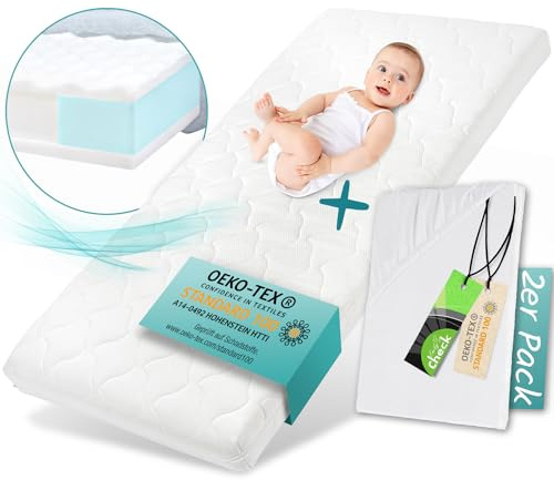 Sun Garden Madrass för barnsäng, Oeko Tex 100-certifierad, barnmadrass, tvättbar, barnmadrass BZW. Babymadrass för babysäng, 70 x 140 x 11 cm, inkl. lakan