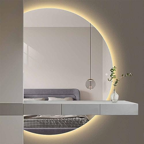 Specchio da Parete a Figura Intera Senza Cornice a Mezzaluna 84 * 120 cm per Ingresso, Specchio a LED dimmerabile a 3 Colori, Specchio Illuminato retroilluminato, Specchio da Bagno antiappannamento