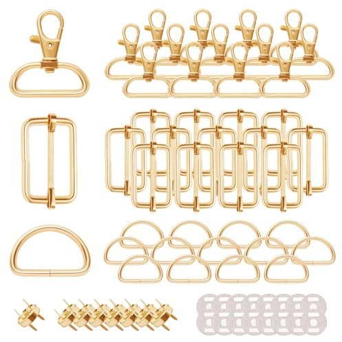 50 Stück Drehbare Karabinerhaken Mit Drehgelenk Schlüsselanhänger D-Ringe Triglide-Schiebeschnalle Gurtversteller Metall Magnetknöpf Schnallen und Verschlüsse 32mm Golden für DIY Nähen Zubehör