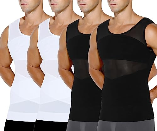 Casey Kevin Kompressionslinne herr platt mage bodysuit ärmlös mantel bantning underkläder bodybuilding sport topp kroppsform, A6-svart/vit (set om 4), XXL