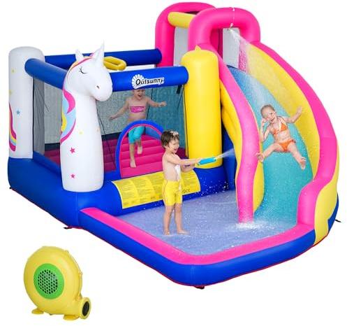 Outsunny Bouncy Castle for Children, 5 in 1 Inflatable Bounce House Unicorn Design with Blower, Slide, Climbing Wall, Basketball Hoop, for Ages 3-8 Years