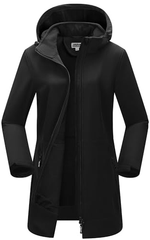 Outdoor Ventures Damen Softshelljacke Wasserdichte Lange Softshellmantel | Fleece Gefütterte Übergangsjacke, Winddichte Windbreaker, 2-Wege Reißverschluss Winterjacke, Regenjacke, Jacke mit Kapuze