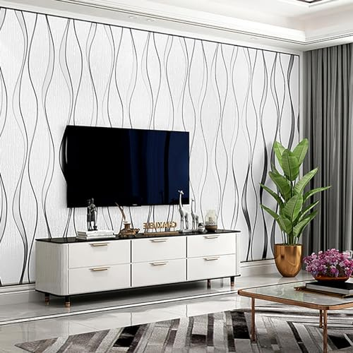 Baketron White Wallpaper Silver Glitter Textured 3D Effect Embossed Wallpapers Wave Stripes Wall Paper Roll Modern Feature for Living Room Bedroom Adults Hallway Kitchen Front Room
