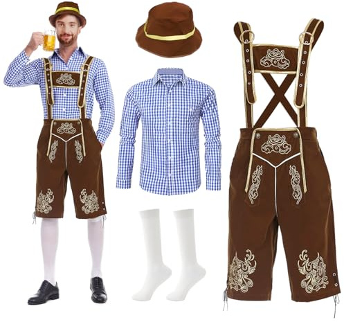 Zinueen Oktoberfest Herren Outfit, Lederhose Herren Tracht Set, Enthält Oktoberfest Hemd Männer, Trachtenlederhose mit Trägern, Socken und Hut, Bayrische Tracht Männer für Cosplay Party Karneval, M