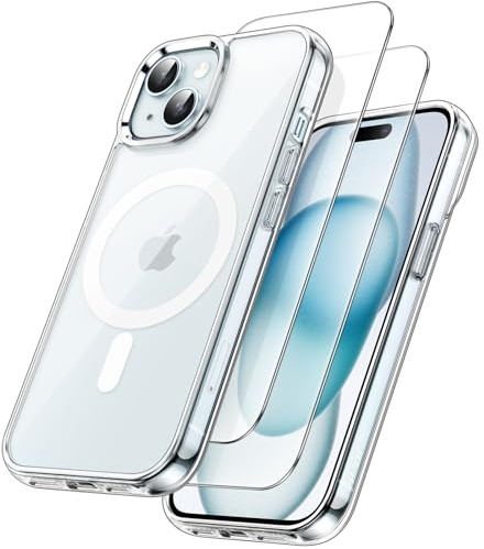 JETech Cover Magnetica 3 in 1 per iPhone 15, Trasparente | 2 Pellicole in Vetro Temperato, Compatibile con MagSafe, Protezione Antiurto, Custodia Bumper TPU Trasparente Resistente
