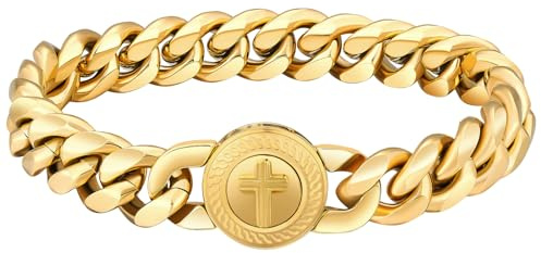 KRKC&CO 12mm Herren Armband mit rundem Kreuz Verschluss, 18K Gold beschichtet Panzerarmband, breite dicke Edelstahl Cuban Armband, Hip Hop Biker Schmuck Geschenk für Männer Jungs [Länge 22,9cm]