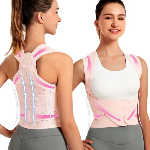 SHAPERKY Posture Corrector for Women for Support: Back Brace for Full Back Support - Adjustable Shoulder Straightener for Women and Men (Pink, S)