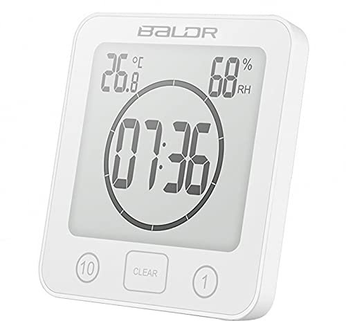 SeiudKty Orologio da doccia digitale a prova di sveglia con termometro e igrometro, IP24, resistente timer di allarme per doccia da bagno con grande schermo LCD, 11.00*10.60*2.90cm, Bianco