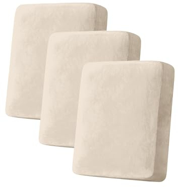 Taque Couch Cover Stretch Velvet Sofa Cushion Cover 3-Piece - Elastic Washable Slipcover for Seat or Backrest, Couch Seat Covers for Sofas (Cream)