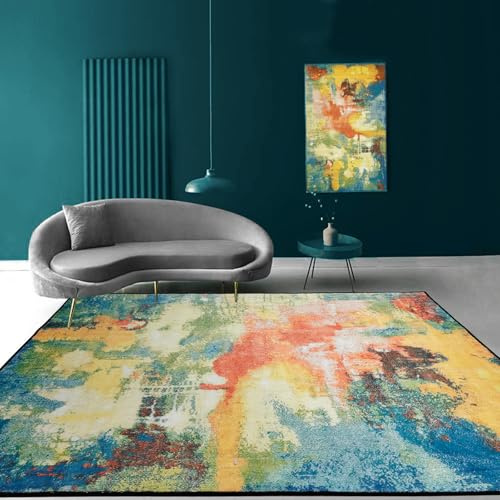 REDTAPISE Teppich Wohnzimmer Schlafzimmer 120 x 180 cm, Bunte Abstrakte Print Design Modern Teal Blau Grün Rot Orange Senf Gelb, Waschbar Anti-Rutsch Teppich Deko In & Outdoor,