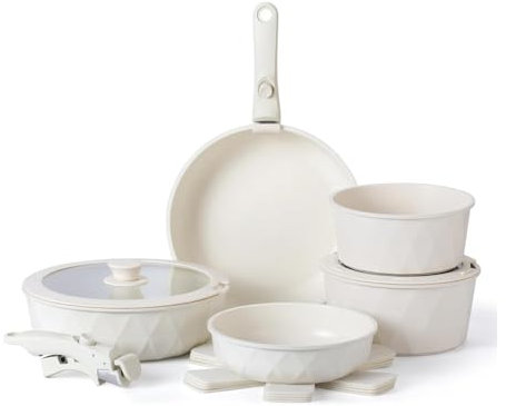 HJZSZX Juego de ollas y sartenes de cerámica antiadherentes para cocina, seguros y saludables, con mango extraíble de tacto suave, color crema y diamante, uno