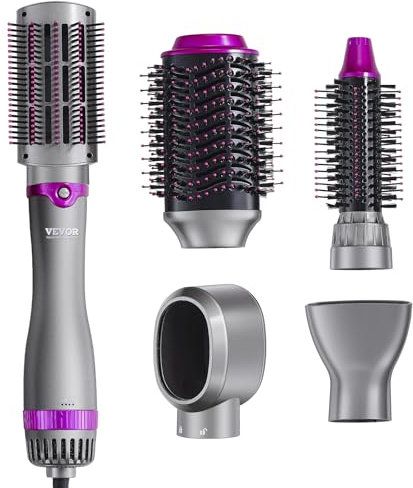 VEVOR Brosse Sèche-cheveux 5 en 1 Styler Multifonction Professionnel Ionique 1200 W, avec 3 Réglages de Chaleur, 3 Brosses, 2 Buses, Outil de Coiffure à Grande Vitesse pour Volumiser, Lisser, Boucler