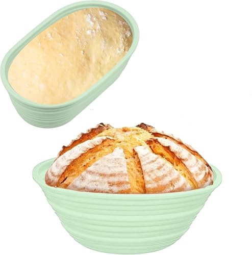 Banneton Bread Proofing Baskets,Silicone Sourdough Bread Baking Supplies, Bread Proofing Baskets for Sourdough, 9.3 Round & 10.2 Oval Collapsible Sourdough Baking Basket (Green)