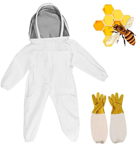 ChangTsing Imkeranzug Kinder, Bienenzucht mit Handschuhen für Kinder – Baumwolle mit Langen Ärmeln, Imkerbedarf Schutz für Kinder(Weiß, M)