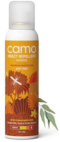 CAMO Maximum Repellent Aerosol 125ml - Fabric Spray, Against Mosquitoes, Biting Insects and Ticks - Up to 11 hrs Protection for Any Destination incl. Tropics- Deet Free & Family Friendly.
