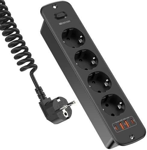 Enchufe retráctil con USB, 4 enchufes empotrables con 2 USB, enchufe empotrado en la mesa con 2 USB C, regleta con cable en espiral de 2 m para muebles de encimera, color negro