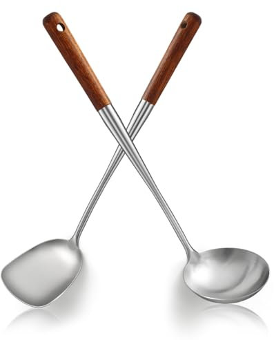 ReaNea Wok Spatula Set 43cm, Stainless Steel Wok Tools with Wood Handle Heat Resistant, Metal Spatula and Ladle, High Grade Kitchen Cooking Utensils Sets, Wok Accessories