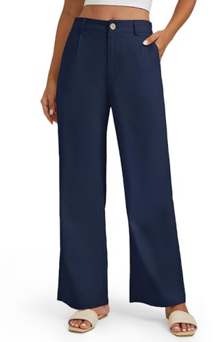 Enmain Pantalon Lin Femme Jambes Larges Bleu Marine Bureau Pantalon Taille Haute Décontracté Coton Costume Pants avec Poches S