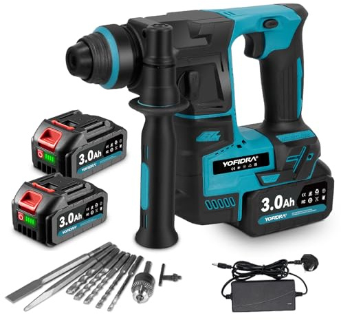 Yofidra Cordless Rotary Hammer Drill, SDS-Plus Electric Rotary Hammer Drill, 500W Brushless Motor with 2×3.0Ah Batteries & Charger, 2 Modes, 0-5000IPM, 10 Accessories for Concrete Steel Wood