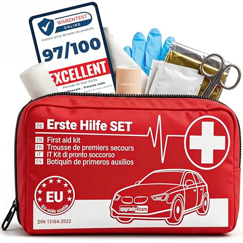 Upgrade4cars Botiquín de Primeros Auxilios para Coche 2026 DIN 13164 Set Europa Válido | Bolsa de Vendajes también para Casa y Viajes