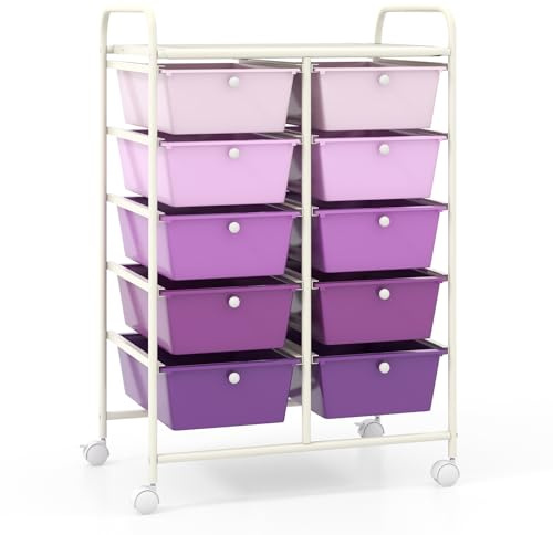 GIANTEX Rollwagen mit 10 Schubladen stapelbar, Schubladenwagen Badrollwagen Küchenwagen mit feststellbaren Rollen, Aufbewahrungswagen Haushaltswagen für Küche Bad Büro 65,5x37x87cm (Violett)
