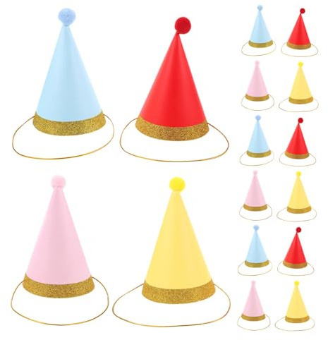 DECOMELODY 16 Stück Teiliges Pet Geburtstagshut Bunte Kleine Partyhüte mit Pompons Weiche Papier-Filz-Mischung Komfortabel und Wiederverwendbar für Kleine Hunde Katzen und Kätzchen