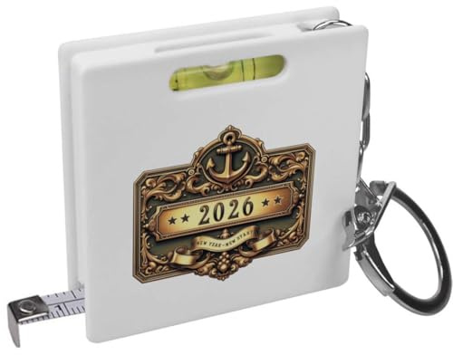 Azeeda 'Brass Plate New Year 2026' Keyring Tape Measure (KM00047889) | Mini Measuring Tool / Spirit Level for DIY, Work, Bags and Keys