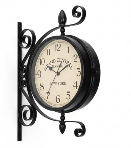 LEDSone 360° Rotatable Double-Sided Vintage Station Wall Clock – 38cm Retro Railway Style Metal Wall Clock with Large Numerals | Antique Double Face Clock for Hallway, Living Room & Café Décor