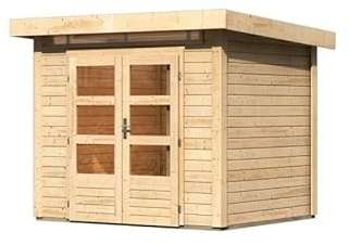 WoodFeeling Abri de Jardin Bois Massif Épicéa Nordique 4,98m² Kandern 2 | Double Porte Vitrée & Lucarne | Toit Plat, Serrure Cylindrique | Naturel, 244x204cm