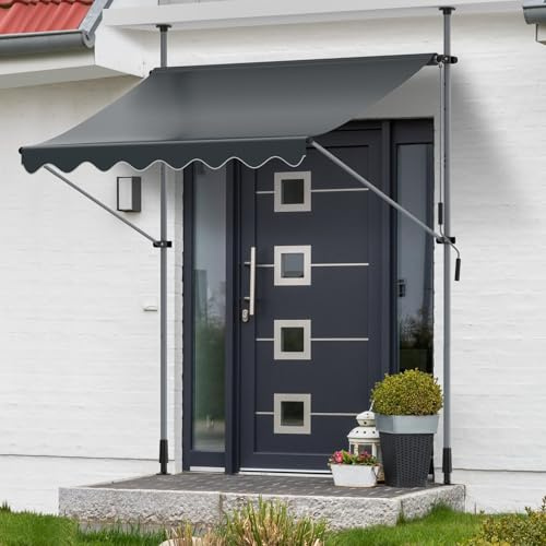 Store Banne Manuel Rétractable 250x120CM，Store pour Balcon sans Trous à percer avec manivelle，Auvent Manuel Rétractable，Résistant aux UV,Réglable en Hauteur,Hydrofuge,Auvent Téléscopique,Anthracite