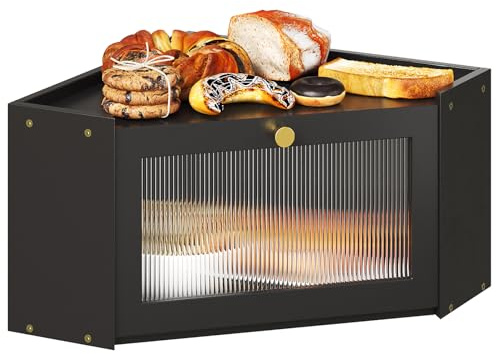 VEDECASA Eck-Brotkasten für Küche Bambus Brotkasten mit Transparenter Acryl-Tür Schwarz Brotkorb für Küchenecken Großer Brotbehälter im rustikalen Design 32x32x20cm