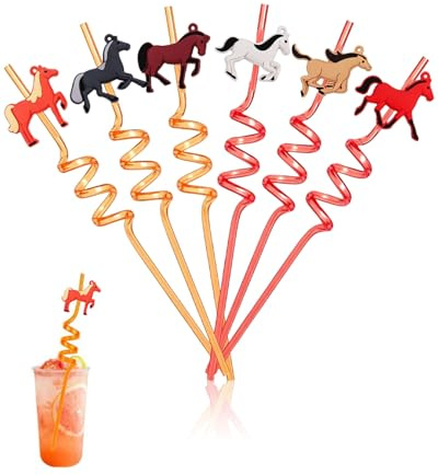 UYRVAPE 6 PCS Pajitas para niños, reutilizables, animales de Potrillo con cepillo de paja, pajitas de cumpleaños infantiles, pajitas de plástico coloridas como suministros de fiesta para cumpleaños
