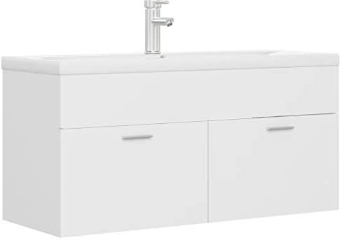 XHNIFBN Mobile sottolavabo con vasca da incasso, bianco, materiale in legno, 100 x 38,5 x 46 cm, moderno set di mobili da bagno con rubinetto, scarico push-open per bagni piccoli e grandi