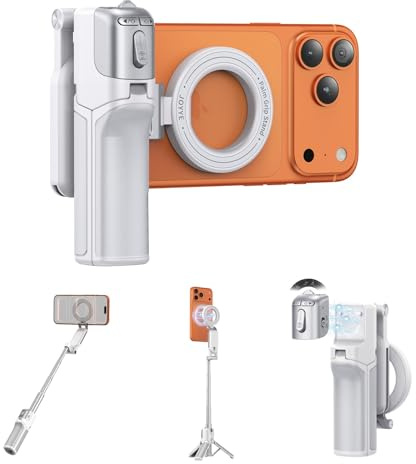 [3 in 1] Magnetic Phone Camera Shutter Grip, Extendable Selfie Stick & Tripod Portable for Magsafe iPhone & Android with Detachable Wireless Shutter Button Remote Control Ergonomic Handle, White