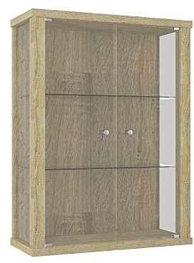 K-Möbel Hängevitrine Glas (80x60x25cm) - Made in Germany - Glasvitrine hängend mit 2 höhenverstellbaren Glasböden aus ESG in Sonoma Eiche - Schrank mit Glastüren - Wandvitrine - Cabinet
