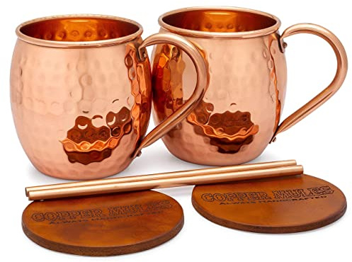 Copper Mules PURE Extra Thick Copper Mug Set/2 Barrel Hammered Finish - EasyCare Interior Ideal for Moscow Mules - Authentic and Strong Riveited Handle - Holds 16oz ea.