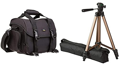 Amazon Basics - Large shoulder bag for SLR camera and accessories, Black with orange interior & 127cm (50) Lightweight Tripod with Bag