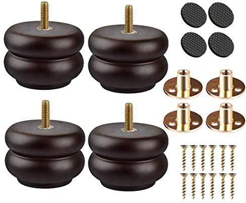 Btowin 7cm Holz Möbelfüße, 4 Stück Spindel Massivholz Tischbeine Kugelfüße mit vorgebohrten M8 5/16 Bolzen & Montageplatten & Schrauben für Sofa Schrank Bett Stuhl