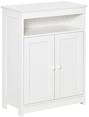 HOMCOM Armario Auxiliar de Baño con 2 Puertas Estante Interior Ajustable y Compartimento Abierto Mueble de Baño para Salón Cocina 60x30x80 cm Blanco