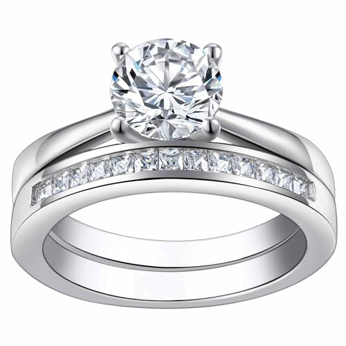 SHELOVES Solitaire Bridal Ring Sets Wedding Ring Set for Women Her AAAAA Round CZ Promise Rings White Gold Plated Silver Sz P