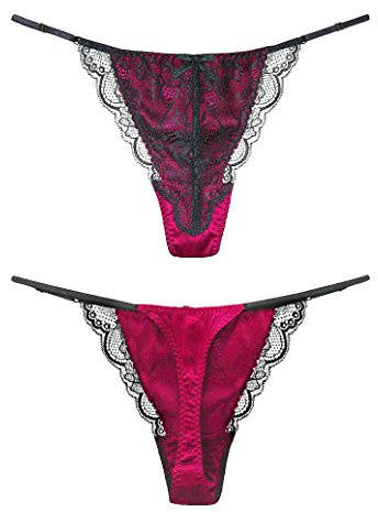SilRiver Dam silke spets G-string stringtrosa, sexiga T-back underbyxor med mjuk satin, Rosa violett, L-XL